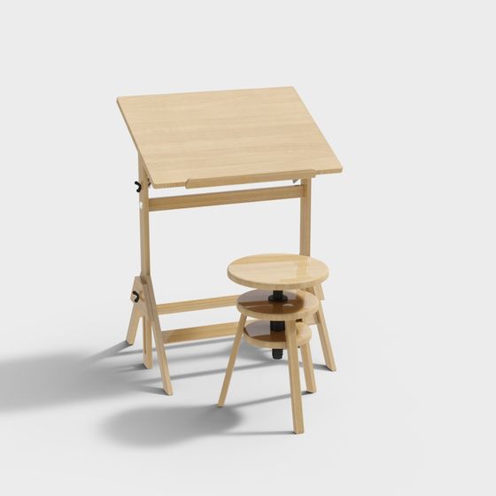 Low-Poly Wooden Drawing Desk and Stool Set 3D model