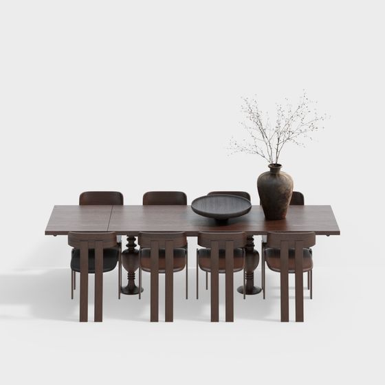 Elegant Wooden Dining Table and Chairs Set 3D model
