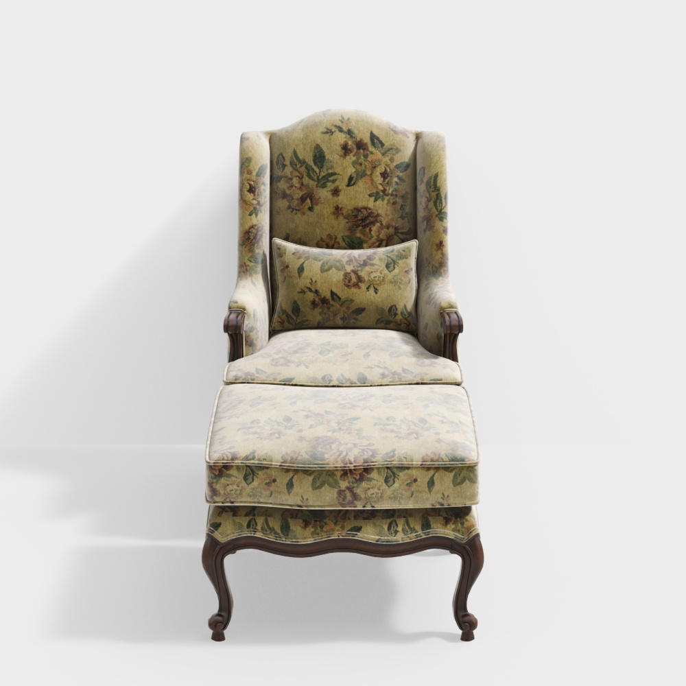 Classic Floral Armchair 3D Model – Vintage Fabric Design