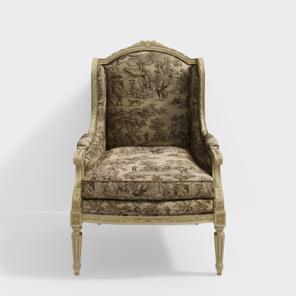 Elegant Rococo Armchair 3D Model – Classic Fabric Detail