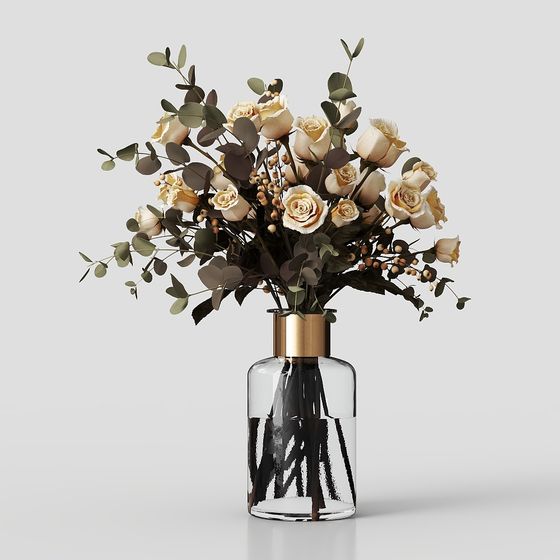 Beautiful Glass Vase with Roses 3D model