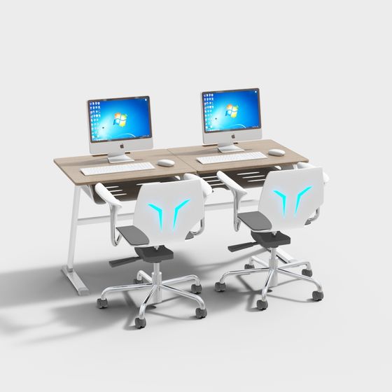 Modern Double Desk and Chair 3D Model for Office Spaces