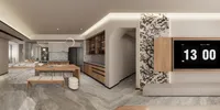 Wide interior design drawing showing open kitchen arched doorway and large digital wall clock right