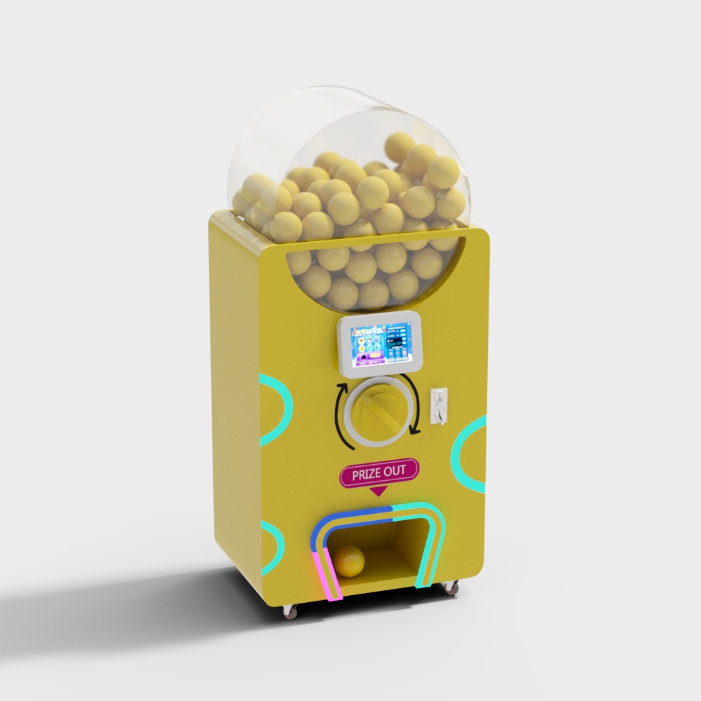 Yellow self-service lucky gashapon machine in arcade city