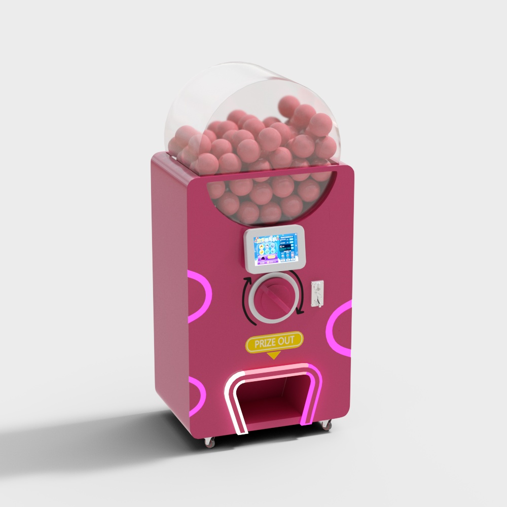 A red self-service lucky gashapon machine in the arcade