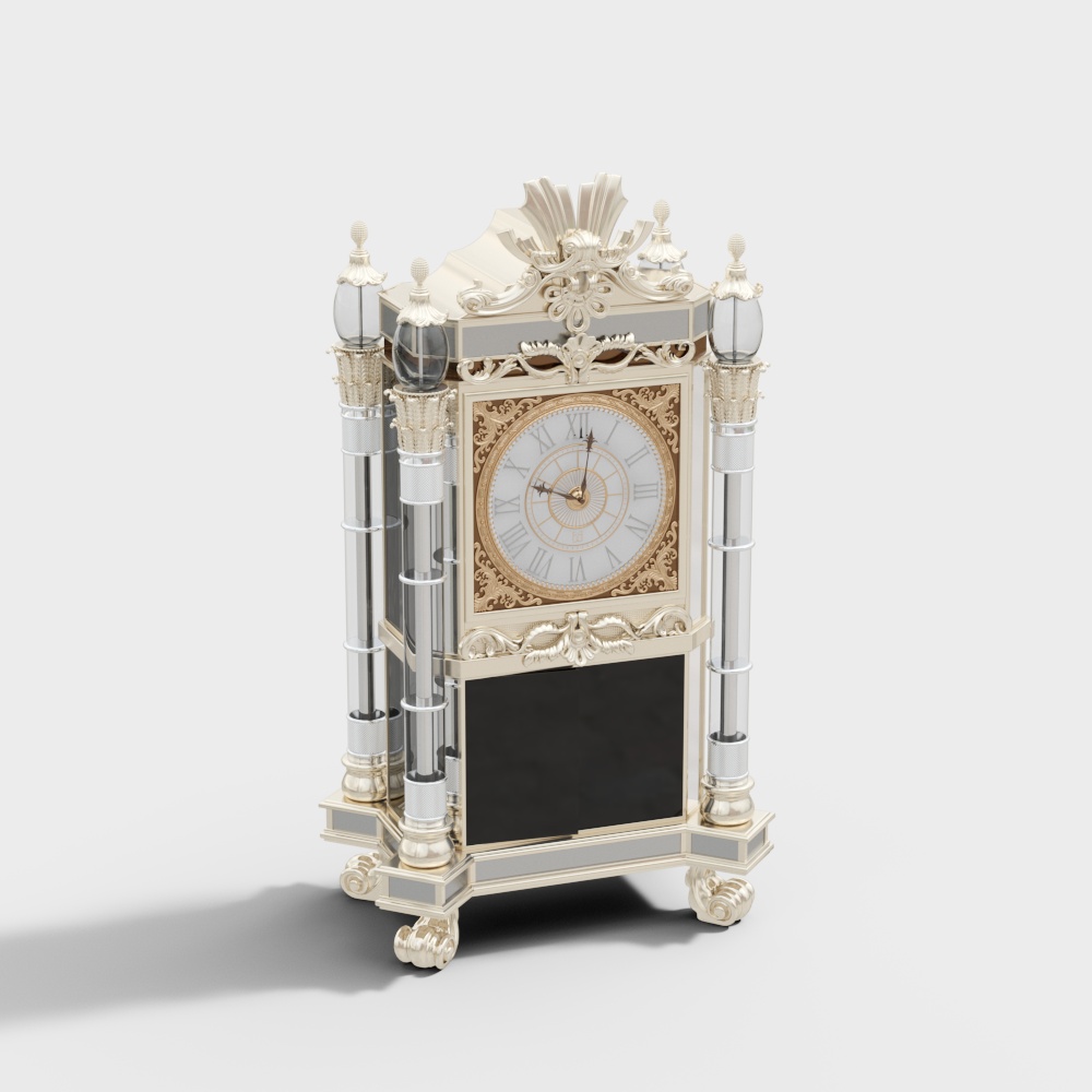 Elegant Low-Poly Clock 3D Model – Retro Gold & Silver