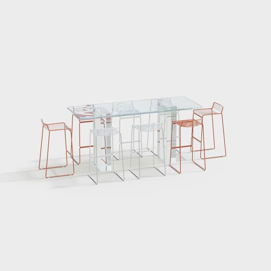 Glass Dining Table and Metal Bar Stools 3D model