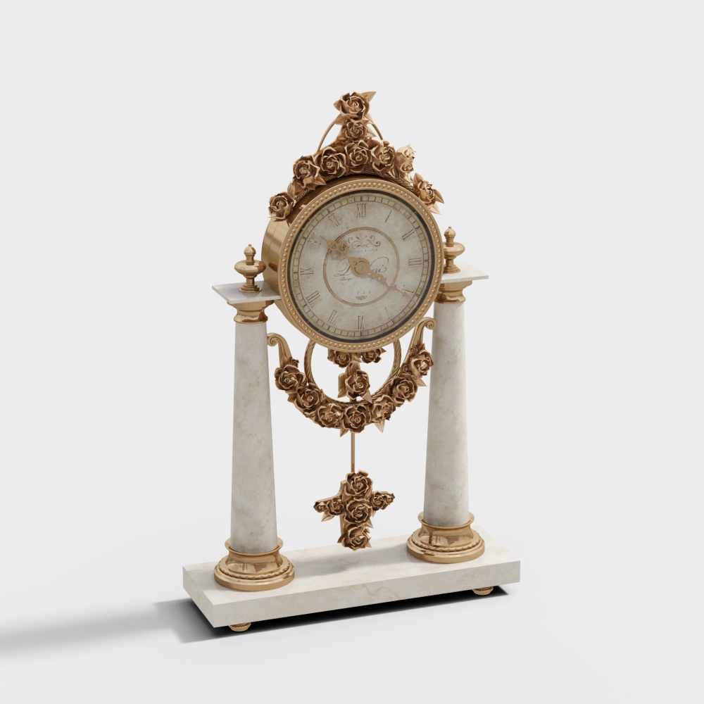 Elegant Vintage Clock 3D Model – Classic Gold & Marble