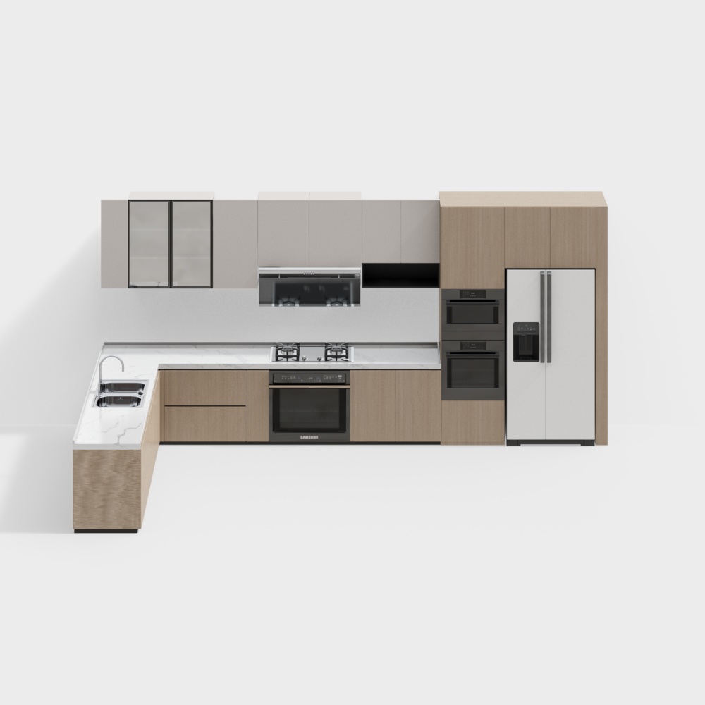 Modern Minimalist Kitchen 3D Model – Wood & White Design
