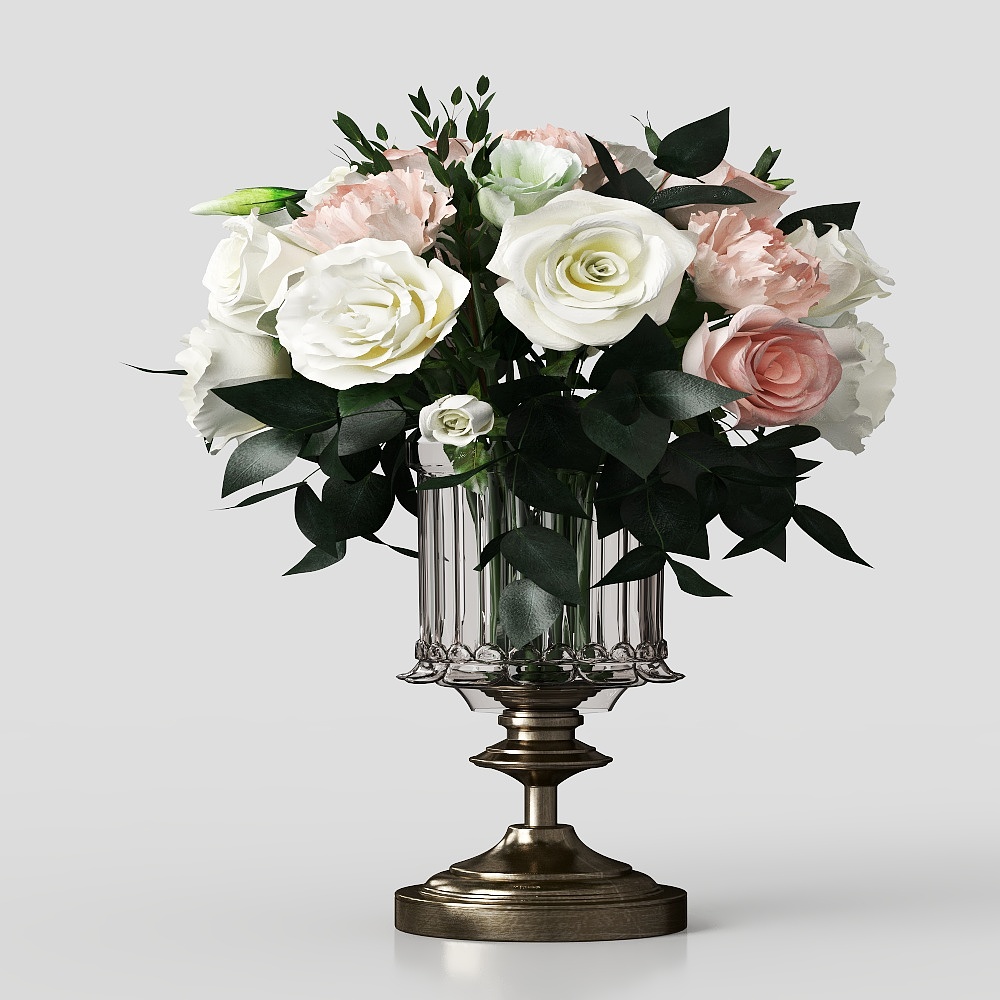 Vintage Glass Vase with Roses 3D Model – Floral Decor