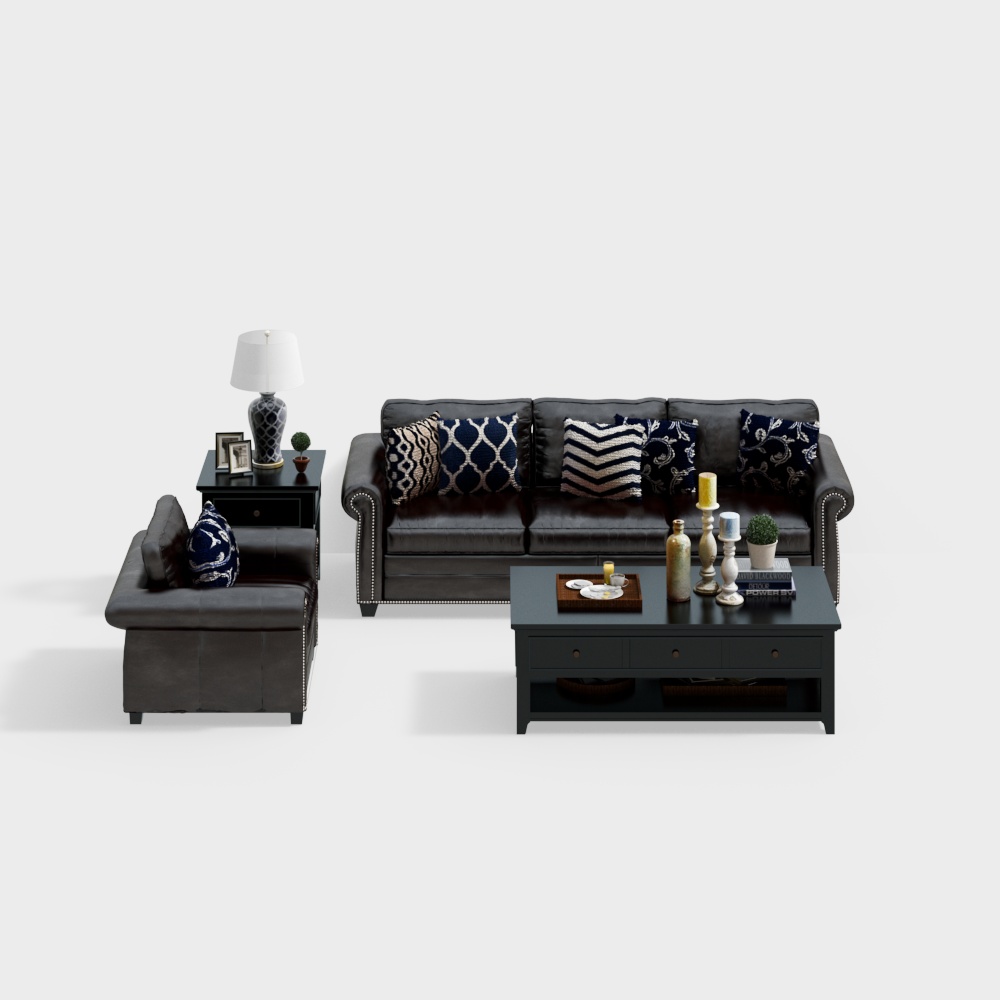 American simple brown leather sofa and coffee table combination