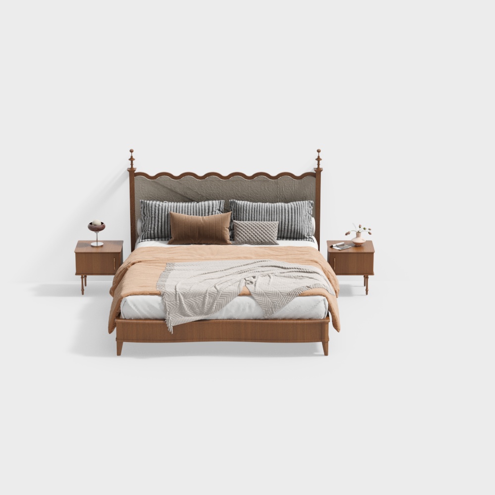 アメリカンクリームスタイル無垢材ダブルベッドコンビネーション