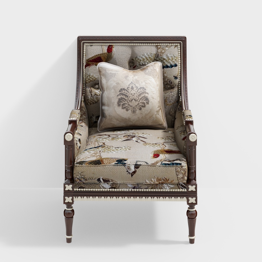 Elegant Bird Pattern Armchair 3D Model – Classic and Modern