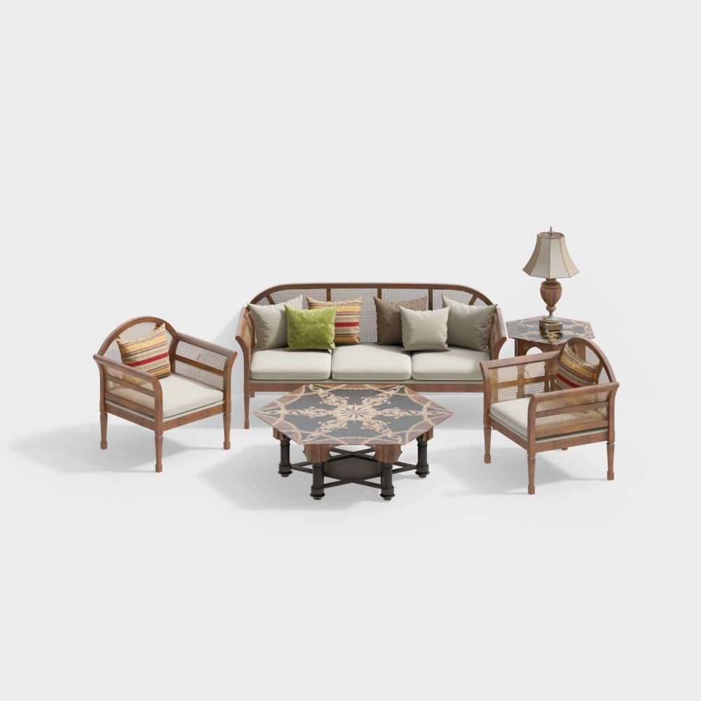Elegant Low-Polygon Furniture Set – Classic Wood & Woven