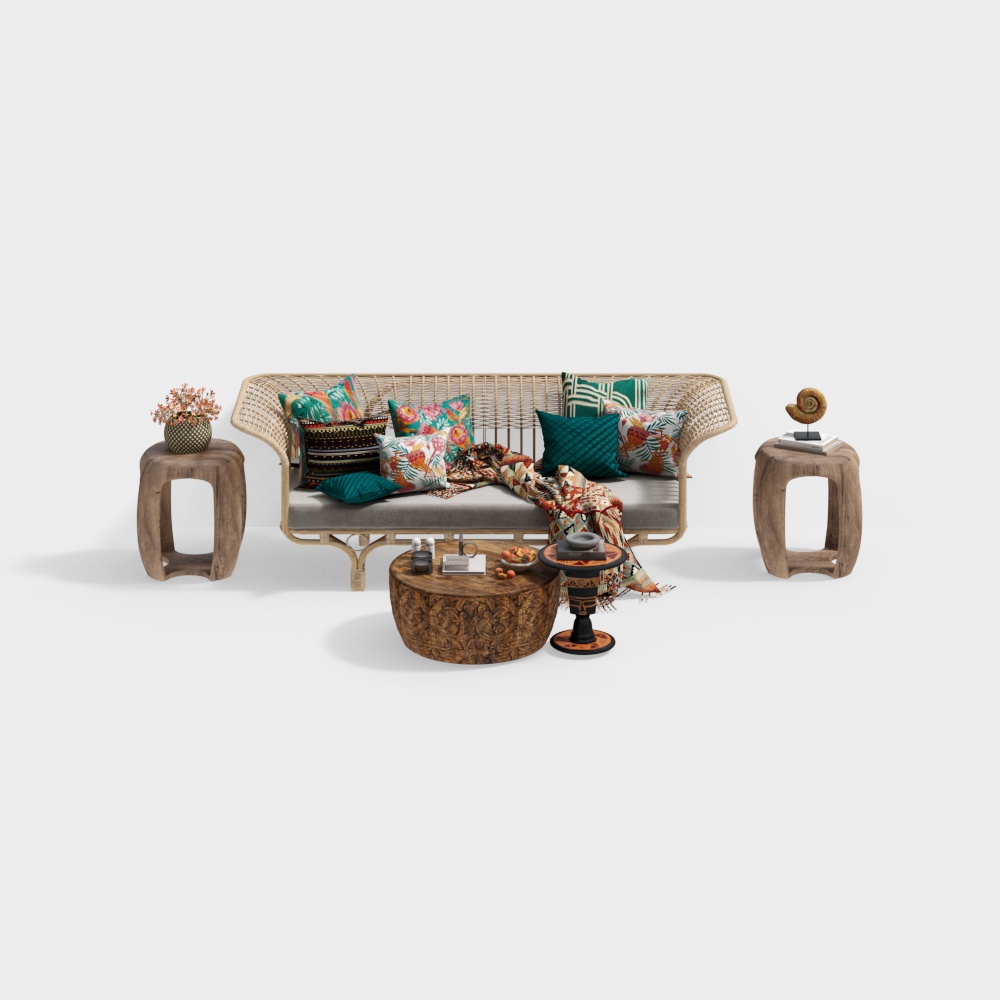 Tropical Low-Poly Sofa Suite – Vibrant Rattan Design