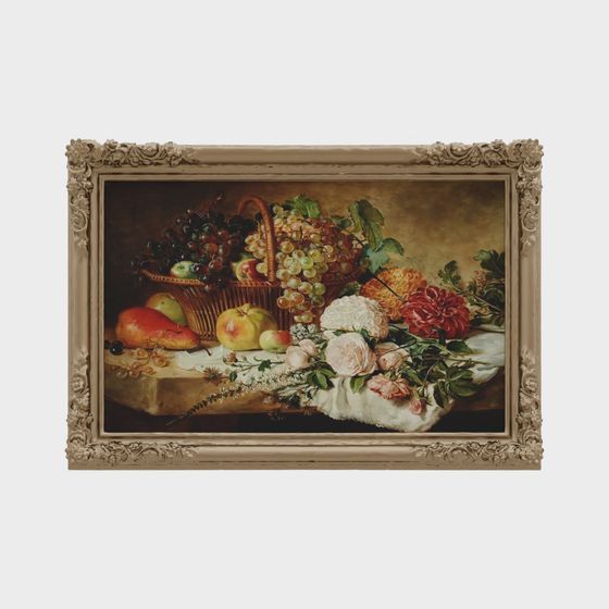 Stunning Vintage Still Life 3D Model: Basket of Flowers and Fruits