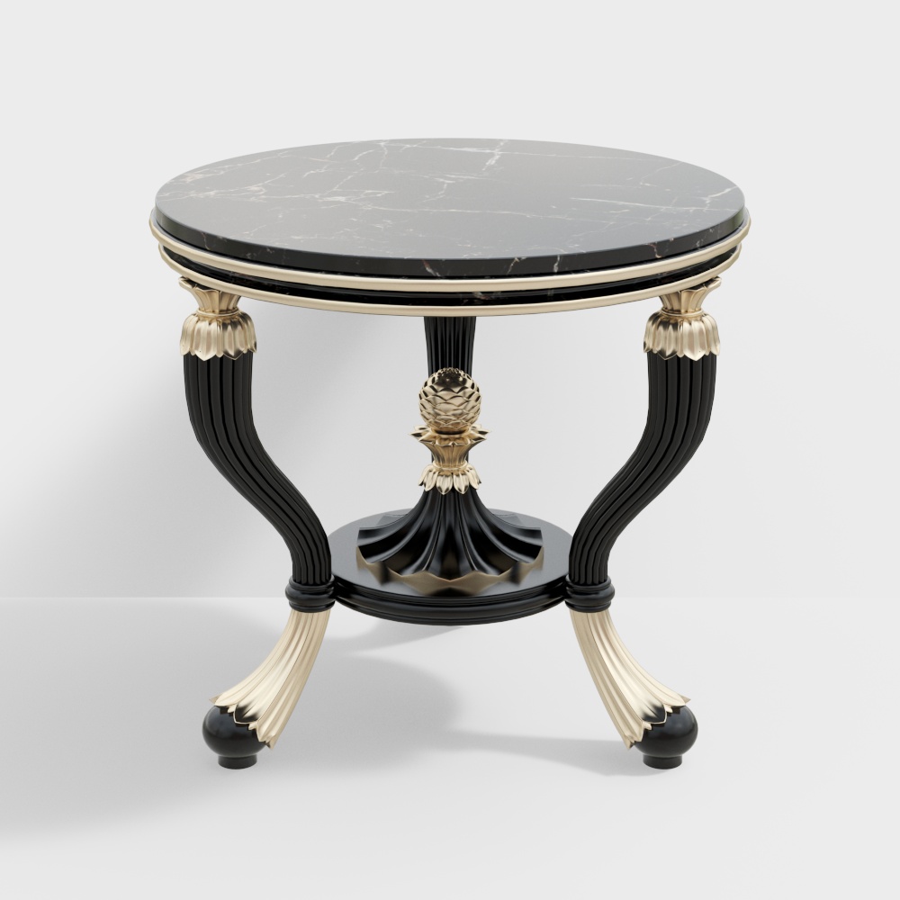 Elegant Round Table 3D Model – Black Marble and Gold