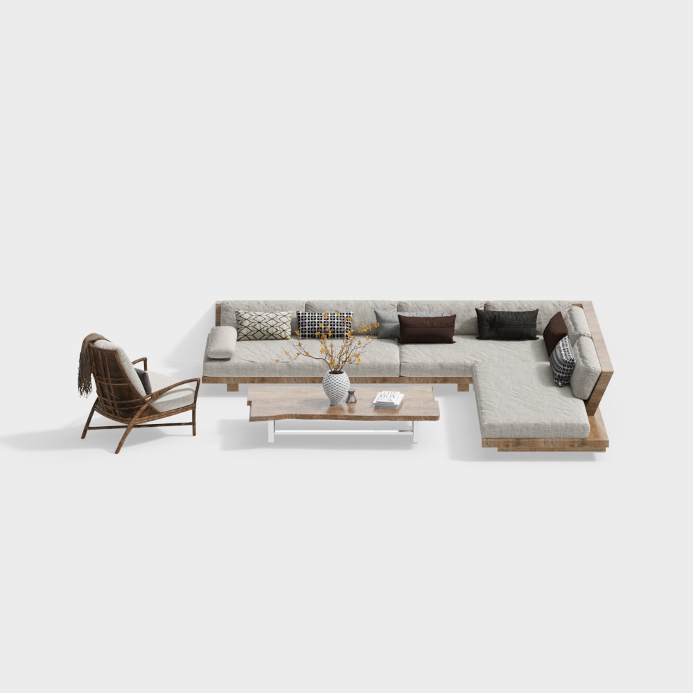 Southeast Asian solid wood corner sofa and coffee table combination