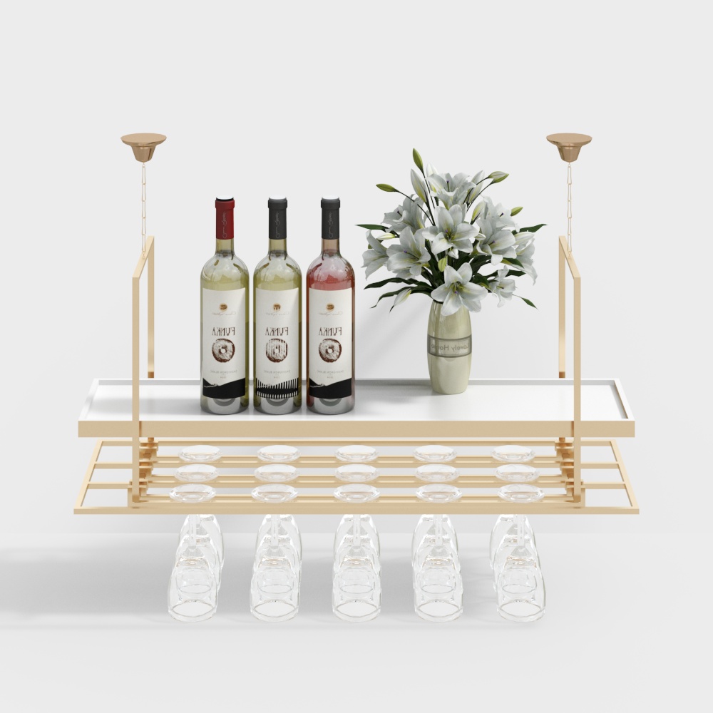 Elegant Low-Poly Wine Rack 3D Model – Gold Metal Frame