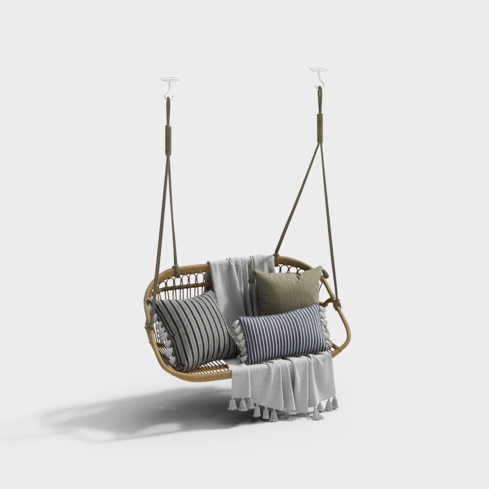 Stylish Low-Poly Hanging Chair Model – Bamboo & Cushions