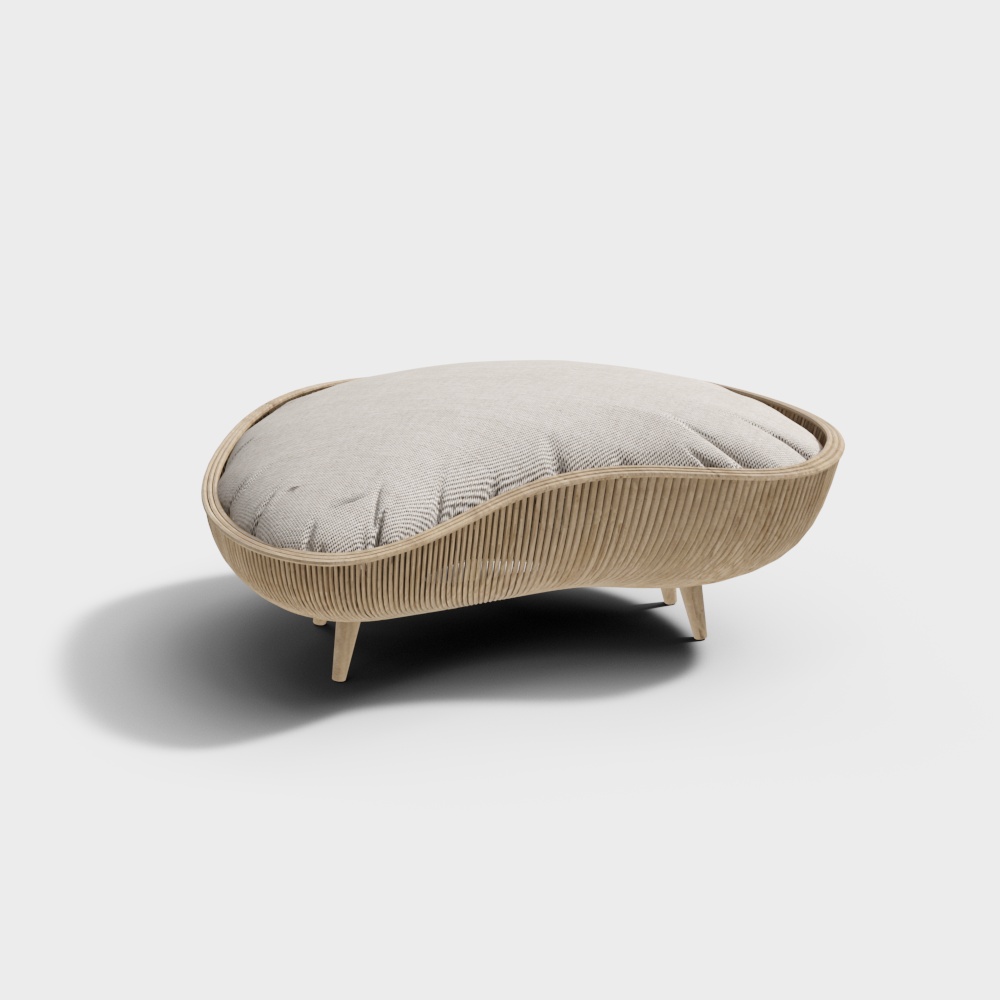 Cozy Nest Ottoman 3D Model – Beige Fabric with Woven Frame