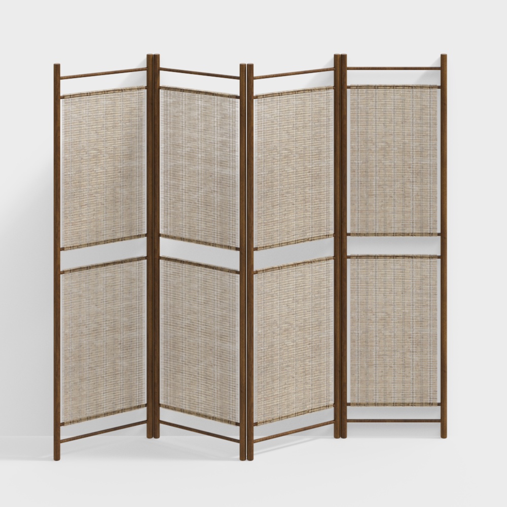 Unique 4-Panel Folding Screen 3D Model – Wood & Fabric