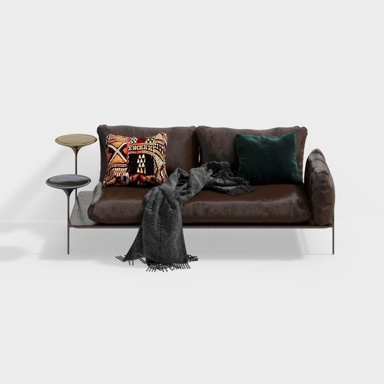 Southeast Asian Double Sofa with Side Table 3D Model in Modern Brown