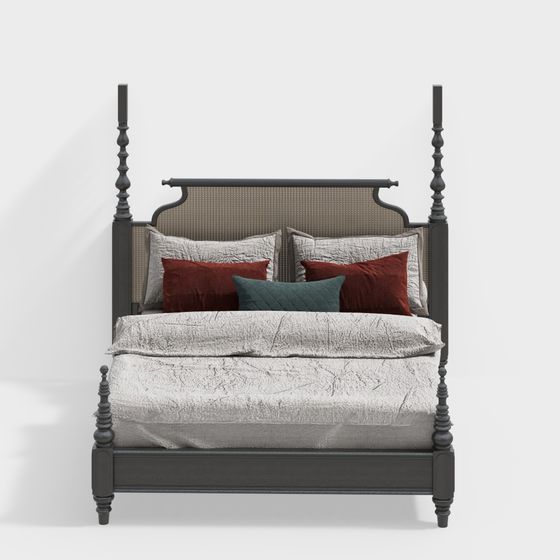 Black Southeast Asian Double Bed 3D Model