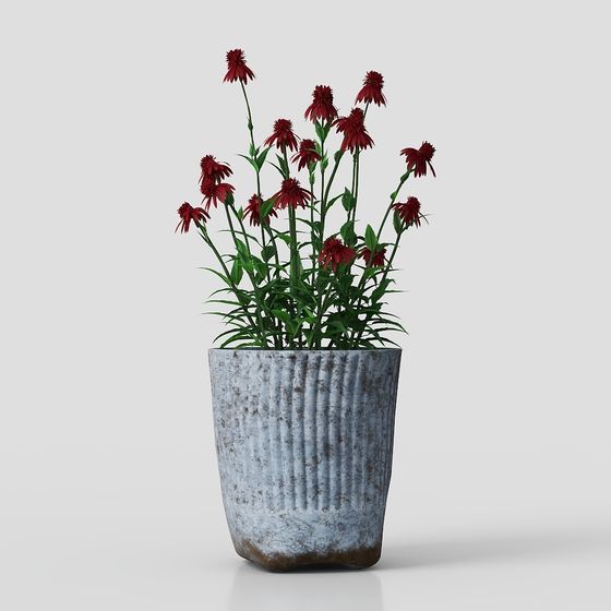 Vintage Planter with Red Flower 3D model