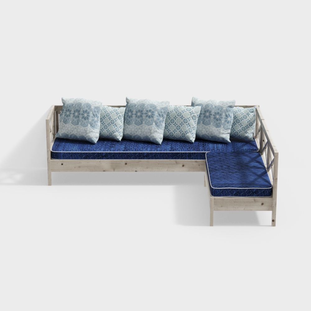 Elegant Low-Poly 3D Sofa Model – Wood & Blue Cushions