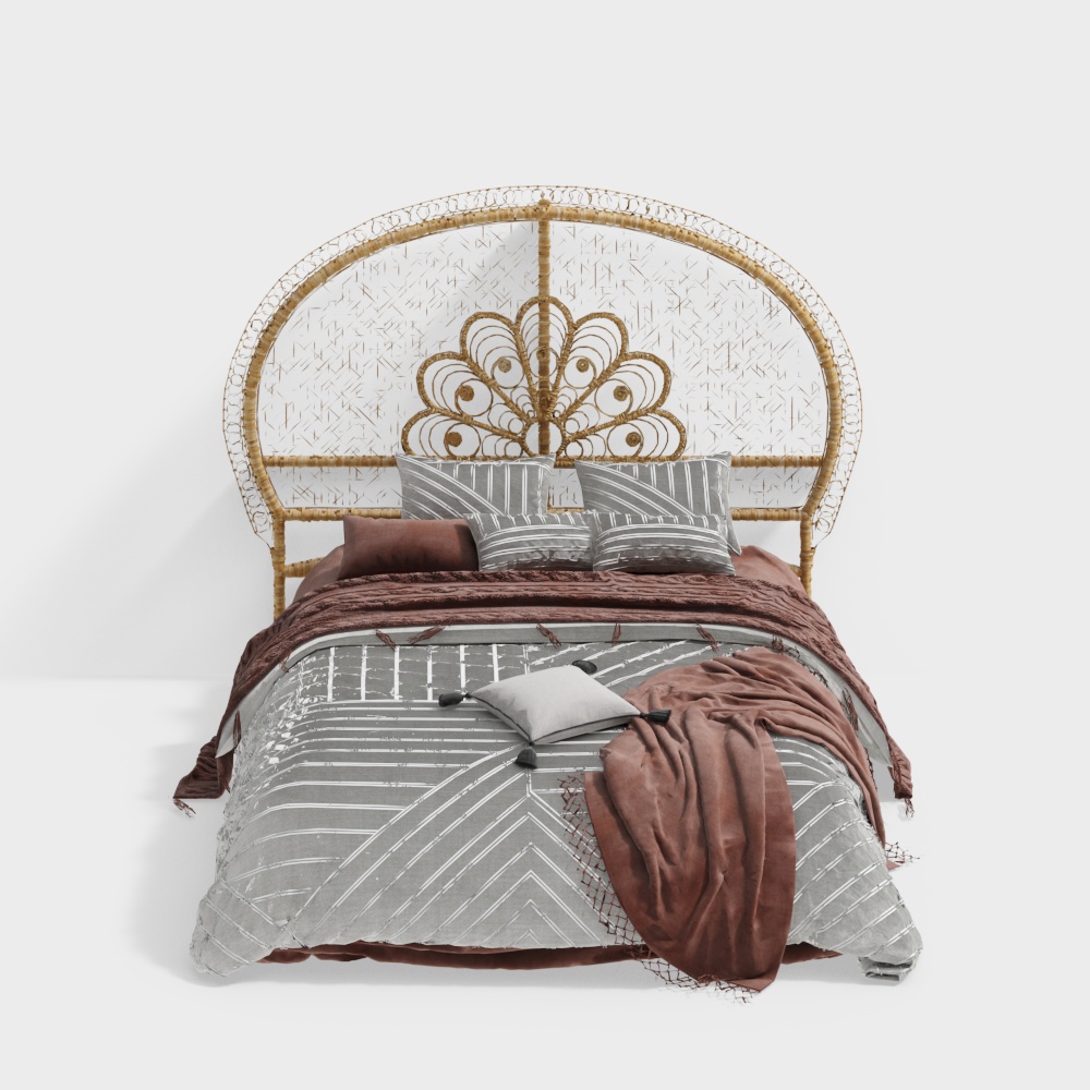 Art Deco Wicker Bed 3D Model – Vintage Low-Poly Design