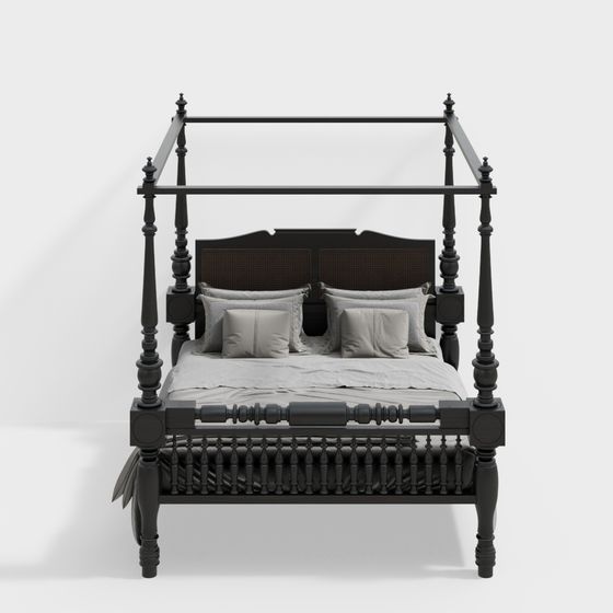 Black Southeast Asian Double Bed 3D Model