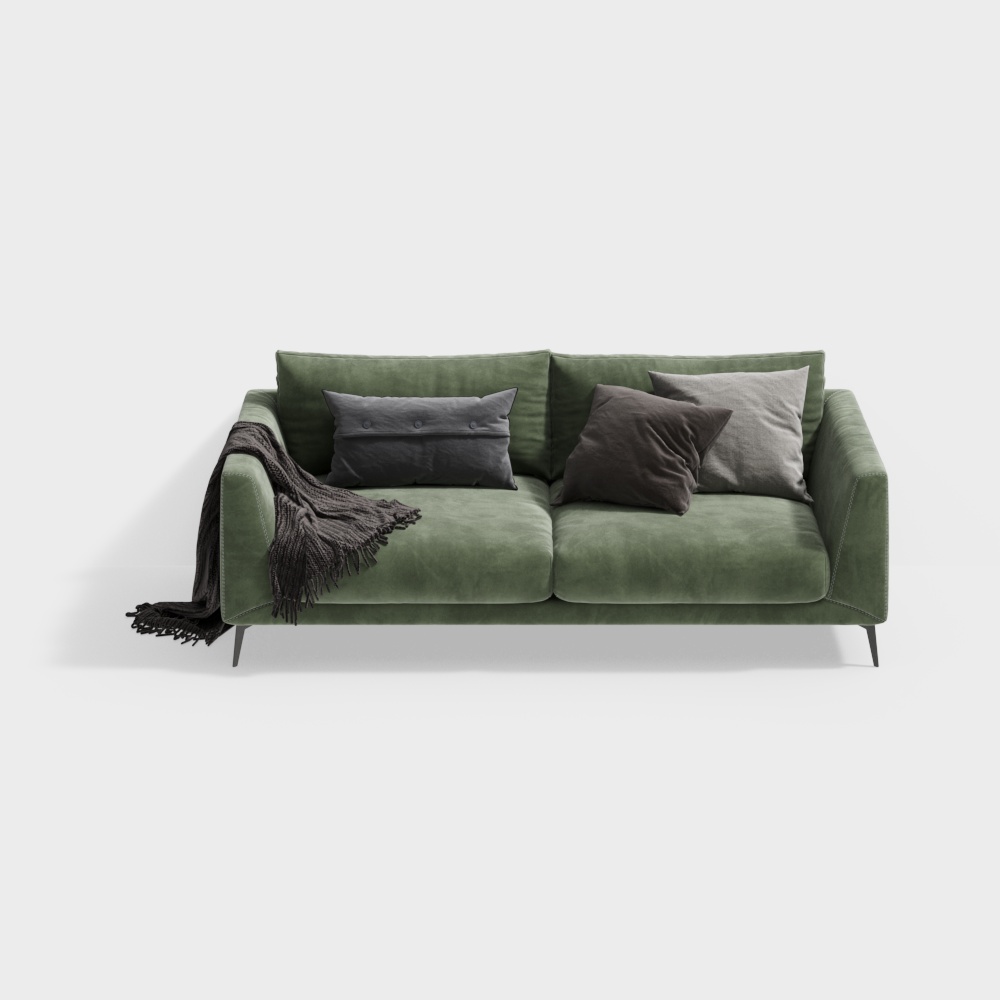Luxurious Green Velvet Sofa 3D Model – Detailed Upholstered Design