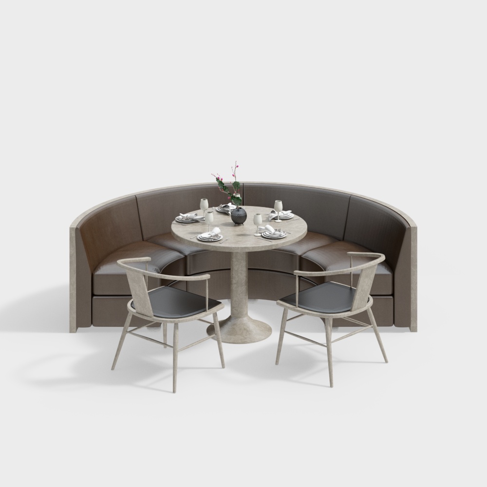 Stylish Round Sofa Set 3D Model – Leather & Wood