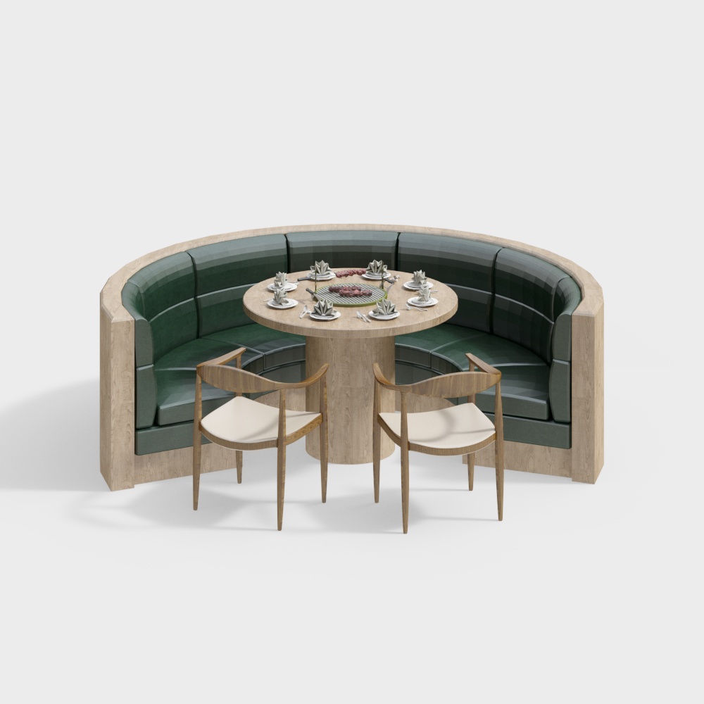 Modern Round Dining Area 3D Model – Wooden & Leather