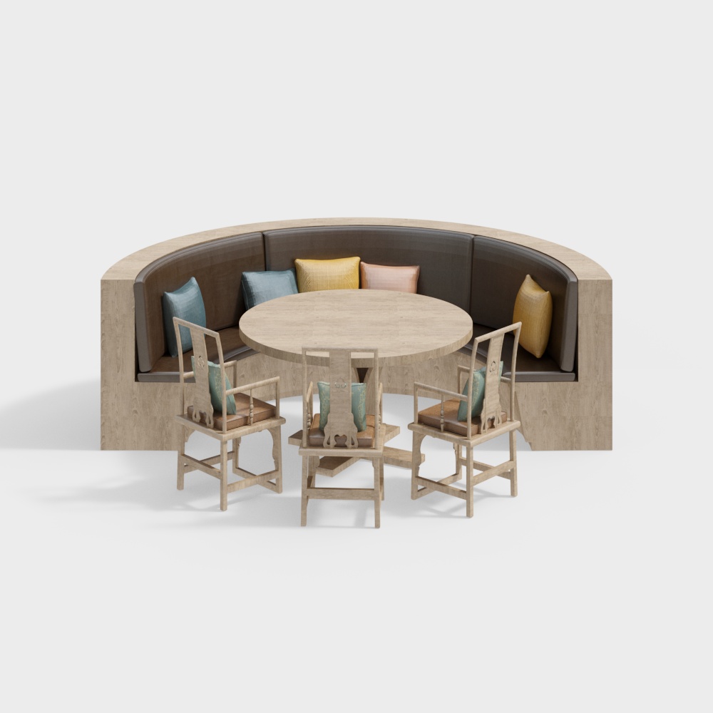 Low Poly Round Table Living Room 3D Model – Wooden & Leather