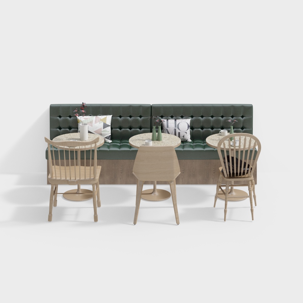 City Café Corner 3D Model – Green Leather & Wood