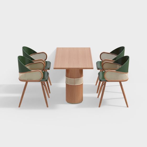 Wooden Dining Table and Rattan Chair Set 3D model