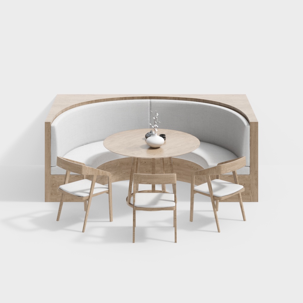 Elegant Curved Sofa Dining Set 3D Model – Minimalist Wood & Cushion