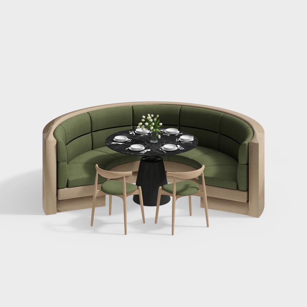Round Corner Sofa 3D Model – Green Fabric & Wood Frame