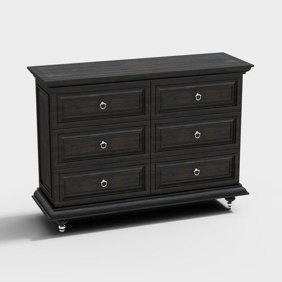 Vintage Black Wood Six-Drawer Cabinet 3D model
