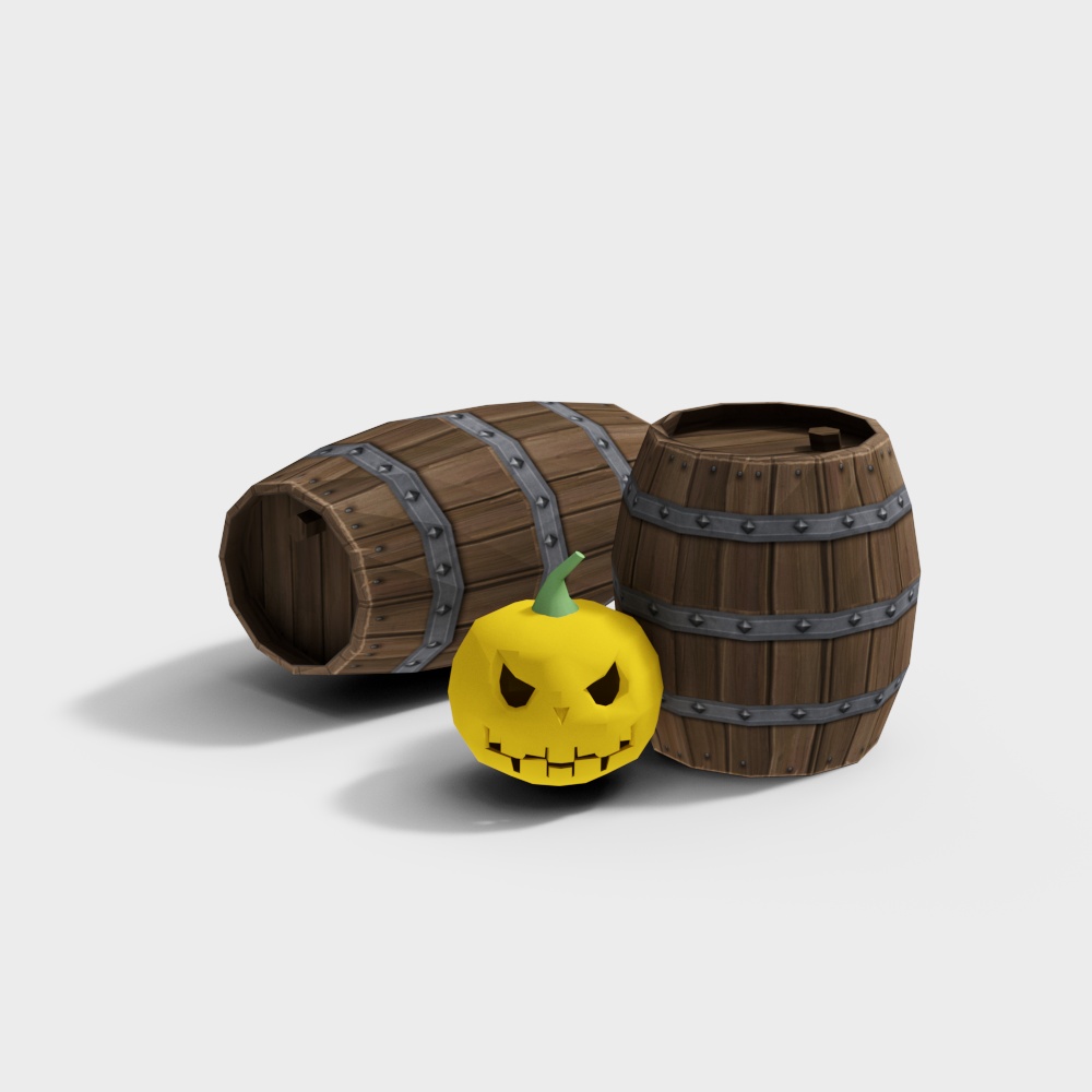 Halloween Barrels & Jack-O'-Lantern 3D Model – Rustic & Detailed