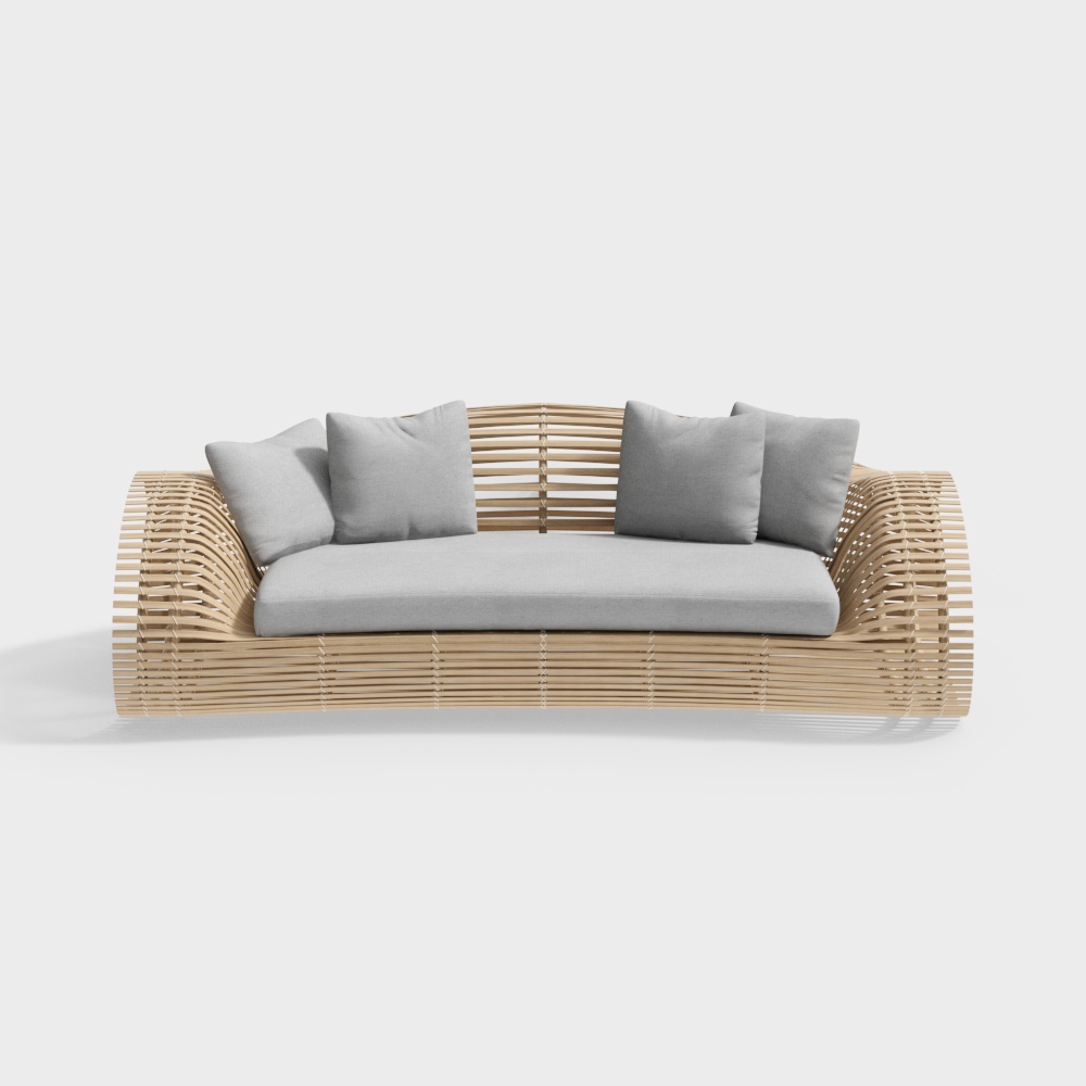 Modern Minimalist 3D Sofa Model – Wooden Frame & Gray Cushions