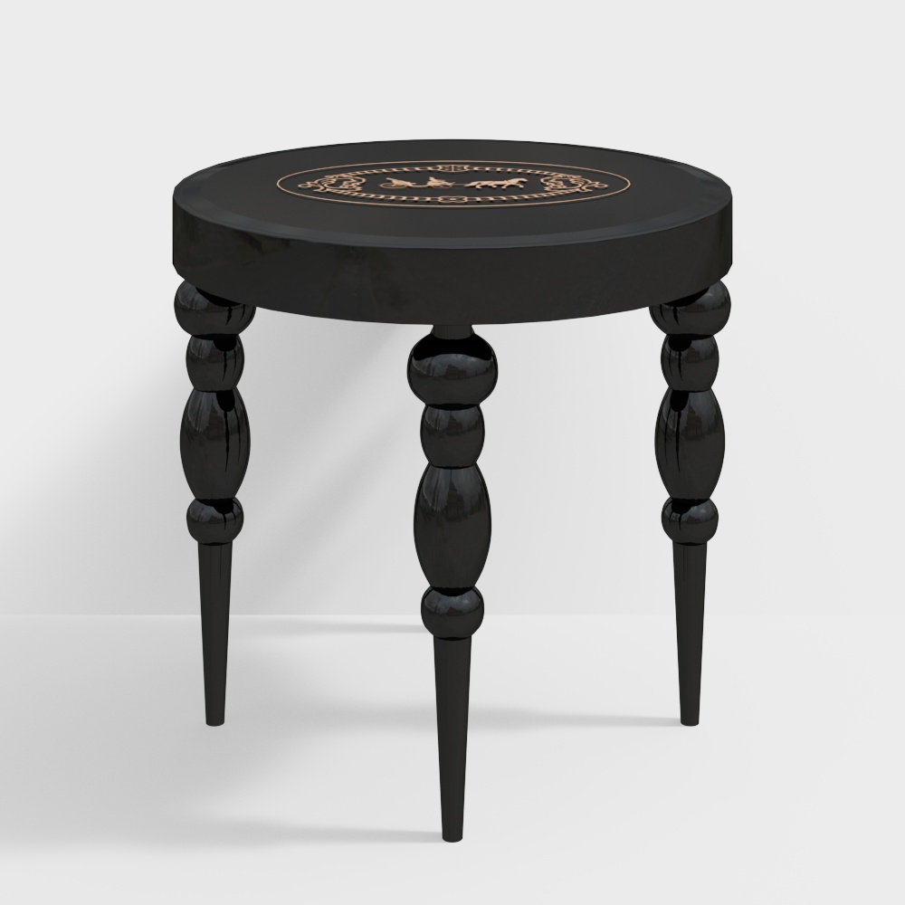 Vintage Round Table 3D Model – Classic Black and Gold