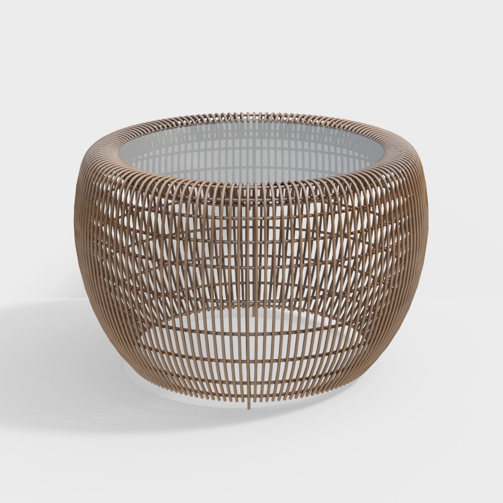 Woven Round Table Low-Poly 3D Model – Wood and Glass