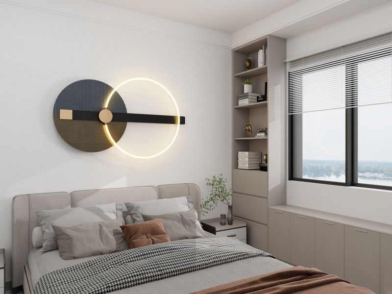 Modern Gray Bedroom with Unique Lighting