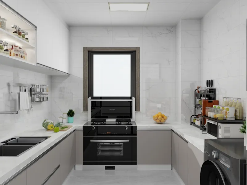 Modern kitchen design with white marble walls, grey cabinets, black stove, window, and washing machine