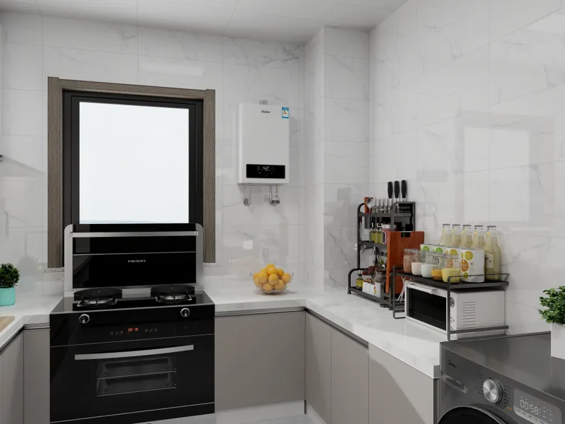 Modern kitchen interior design drawing with white marble walls grey cabinets and a black stove