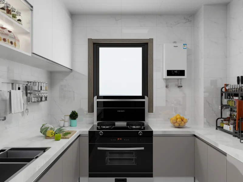 Modern kitchen showing black oven, white wall tiles, grey cabinets, water heater and marble countertop