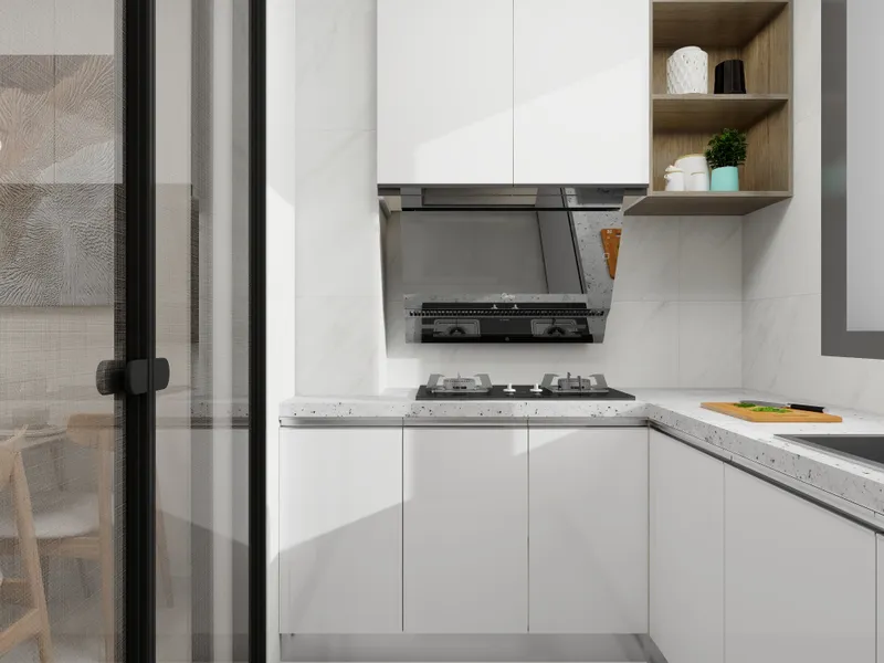 Bright modern kitchen with white cabinets, black stove, range hood, white countertop, and wooden shelf